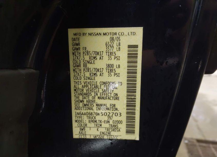 Photo 9 of 2006 Nissan Titan SE (VIN 1N6AA06B76N502703)