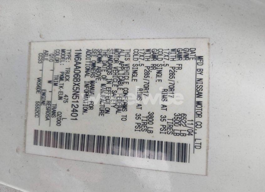 Photo 9 of 2005 Nissan Titan SE (VIN 1N6AA06BX5N512401)