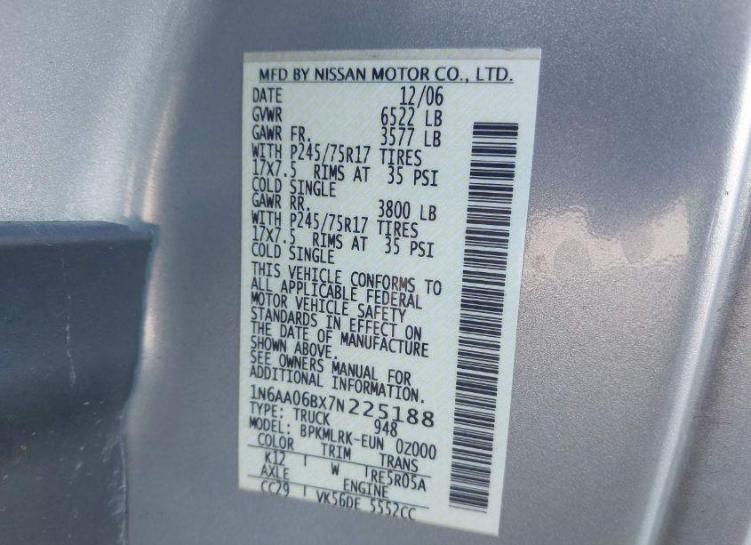 Photo 9 of 2007 Nissan Titan XE (VIN 1N6AA06BX7N225188)