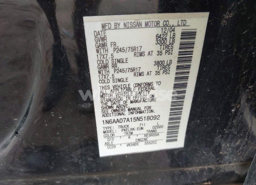 Photo 9 of 2005 Nissan Titan XE (VIN 1N6AA07A15N518092)