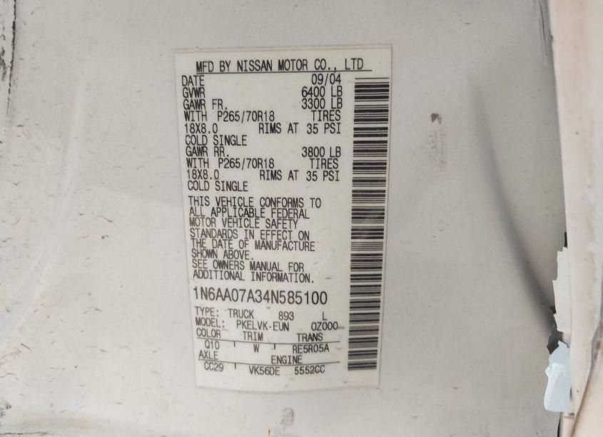 Photo 9 of 2004 Nissan Titan XE/SE/LE (VIN 1N6AA07A34N585100)