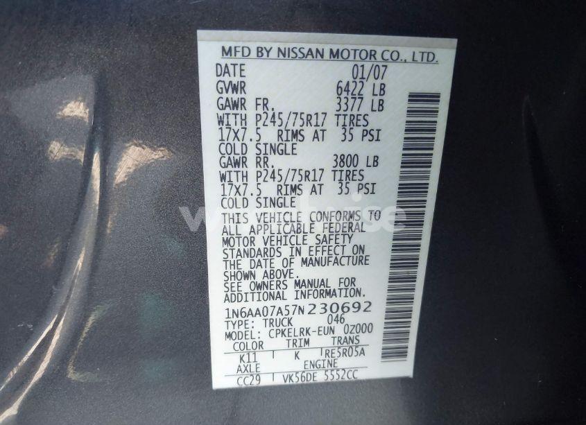 Photo 9 of 2007 Nissan Titan XE (VIN 1N6AA07A57N230692)