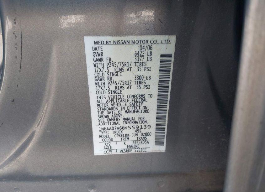 Photo 9 of 2006 Nissan Titan XE (VIN 1N6AA07A66N559139)