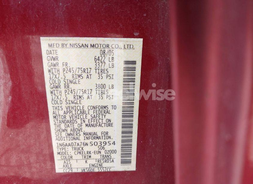 Photo 9 of 2006 Nissan Titan XE (VIN 1N6AA07A76N503954)