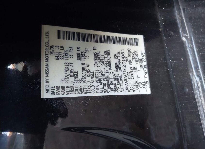 Photo 9 of 2007 Nissan Titan LE (VIN 1N6AA07A77N200061)