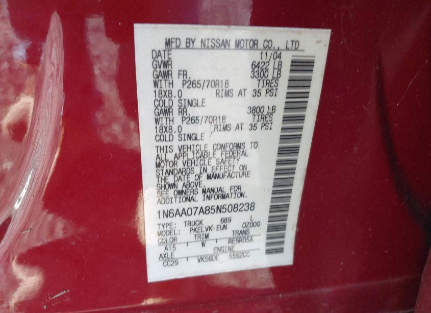 Photo 9 of 2005 Nissan Titan LE (VIN 1N6AA07A85N508238)