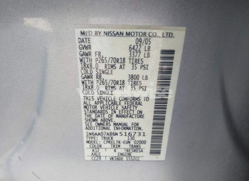 Photo 9 of 2006 Nissan Titan SE (VIN 1N6AA07A86N516731)