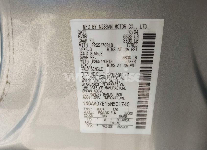 Photo 9 of 2005 Nissan Titan LE (VIN 1N6AA07B15N501740)