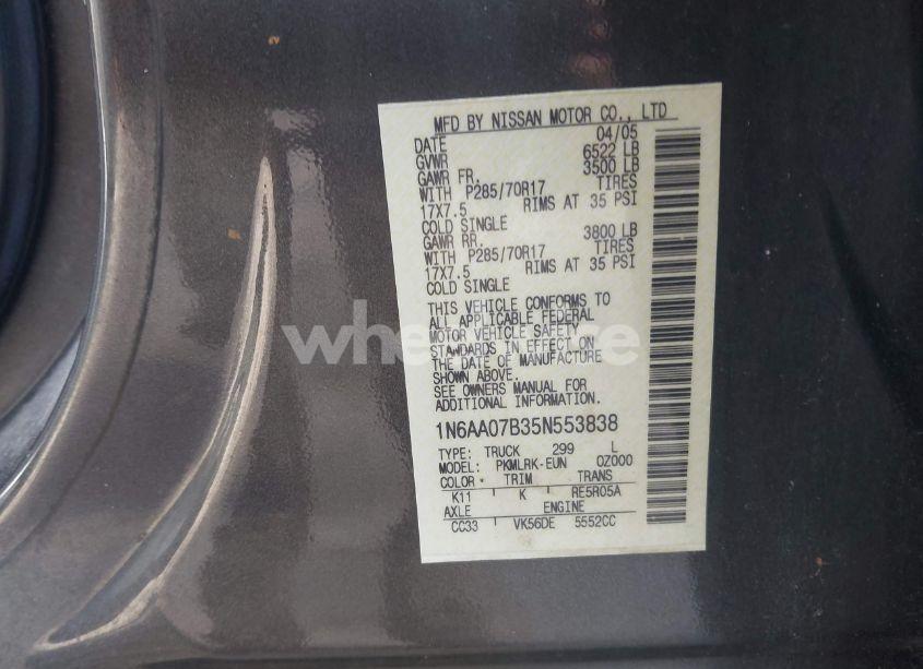 Photo 9 of 2005 Nissan Titan XE (VIN 1N6AA07B35N553838)