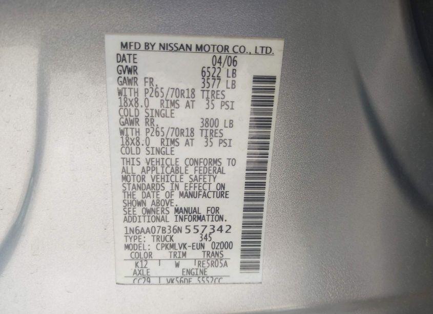 Photo 9 of 2006 Nissan Titan LE (VIN 1N6AA07B36N557342)