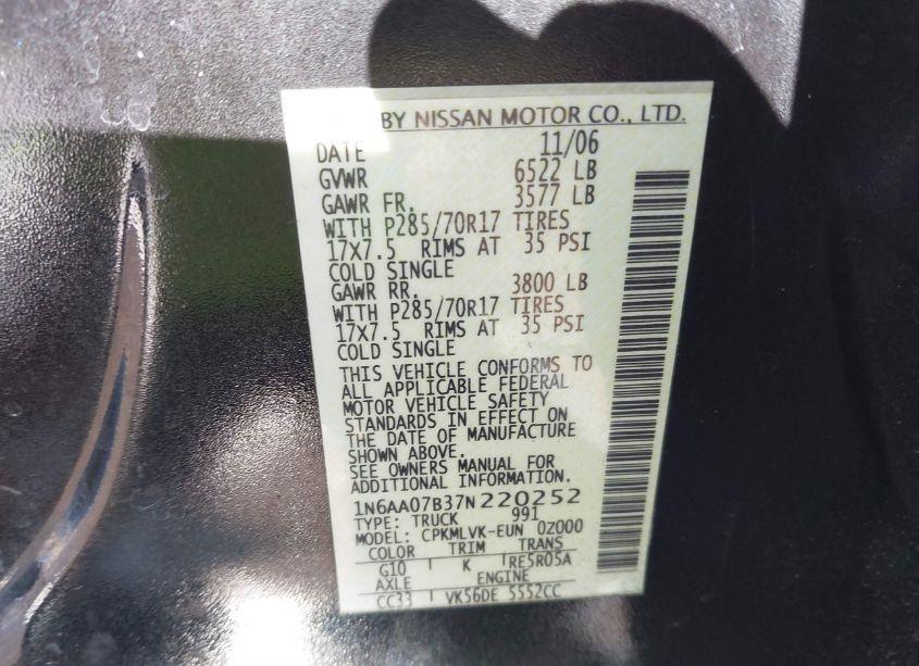 Photo 9 of 2007 Nissan Titan LE (VIN 1N6AA07B37N220252)