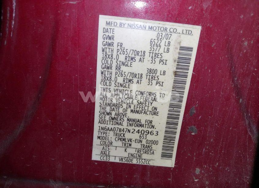 Photo 9 of 2007 Nissan Titan LE (VIN 1N6AA07B47N240963)