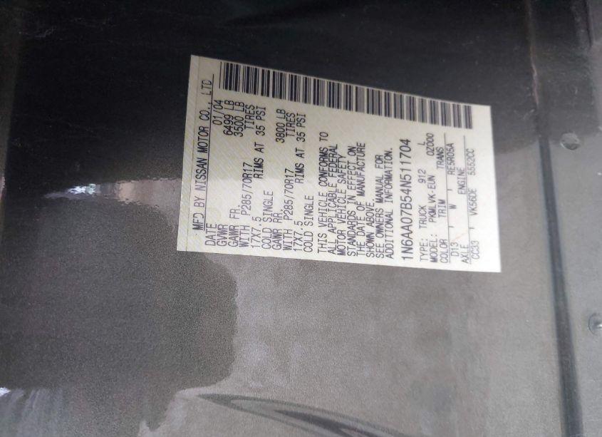 Photo 9 of 2004 Nissan Titan LE (VIN 1N6AA07B54N511704)