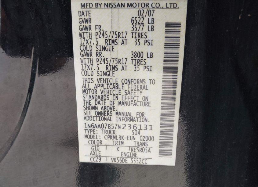 Photo 9 of 2007 Nissan Titan XE (VIN 1N6AA07B57N236131)