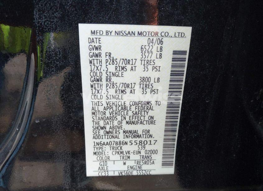 Photo 9 of 2006 Nissan Titan LE (VIN 1N6AA07B86N558017)