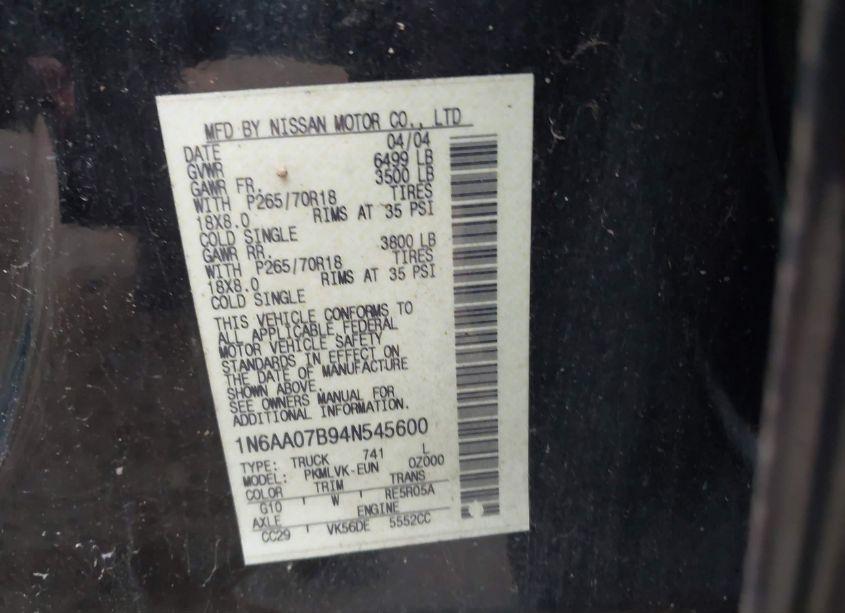 Photo 9 of 2004 Nissan Titan LE (VIN 1N6AA07B94N545600)