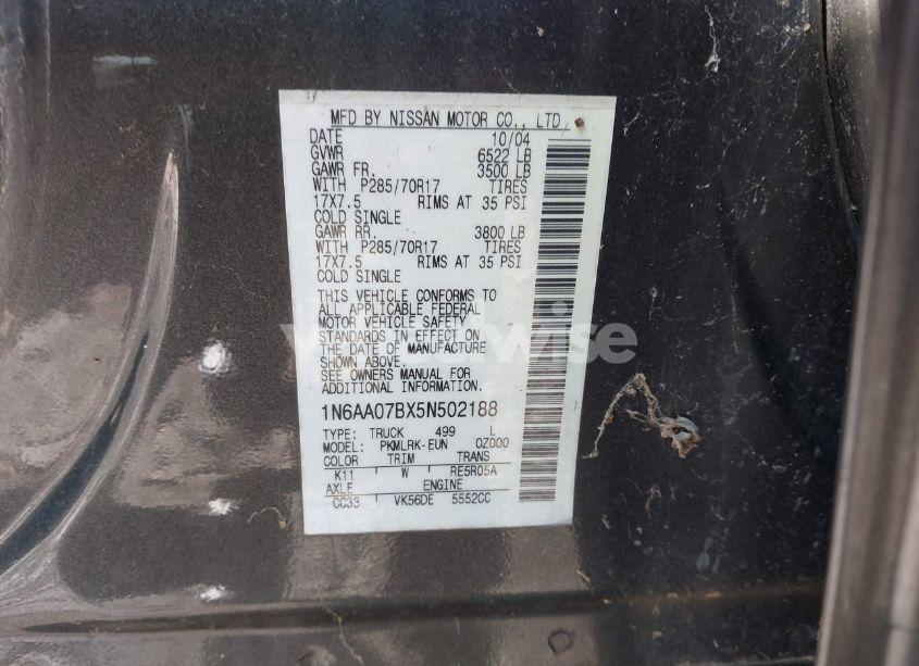 Photo 8 of 2005 Nissan Titan XE (VIN 1N6AA07BX5N502188)