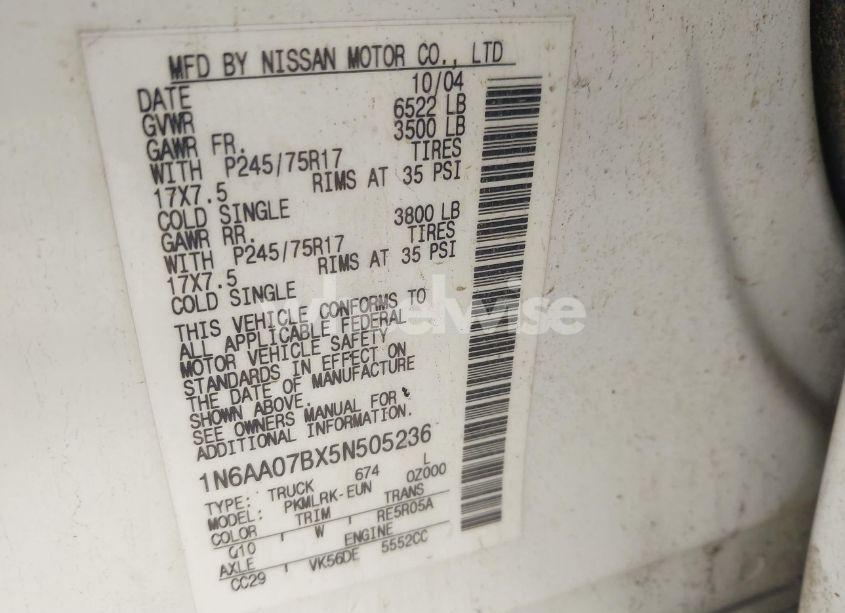 Photo 9 of 2005 Nissan Titan XE (VIN 1N6AA07BX5N505236)