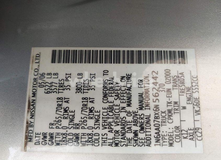 Photo 9 of 2006 Nissan Titan SE (VIN 1N6AA07BX6N562442)