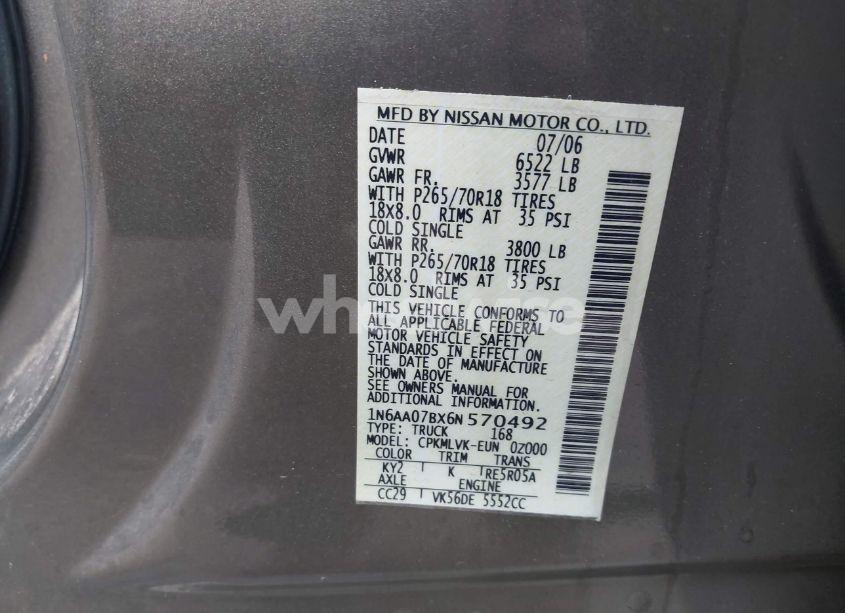 Photo 9 of 2006 Nissan Titan LE (VIN 1N6AA07BX6N570492)