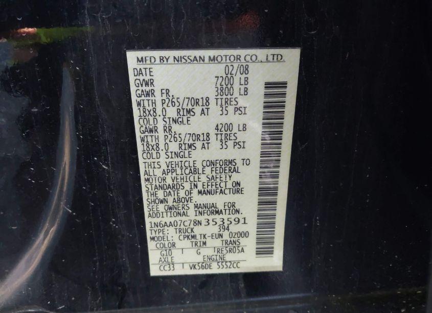 Photo 9 of 2008 Nissan Titan LE/SE/XE (VIN 1N6AA07C78N353591)