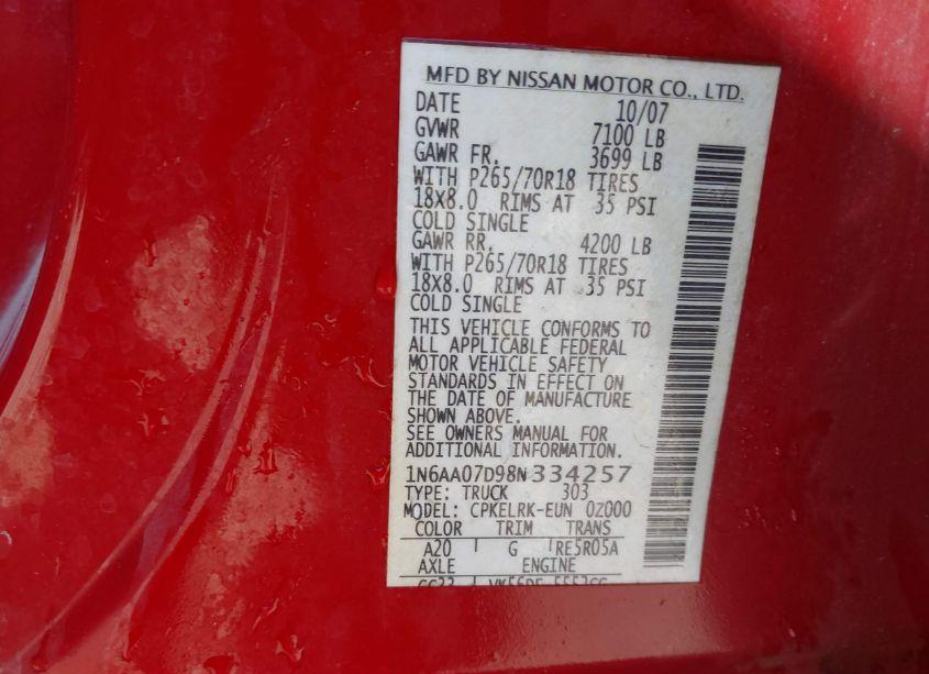 Photo 9 of 2008 Nissan Titan XE (VIN 1N6AA07D98N334257)