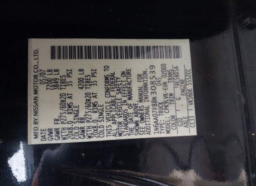 Photo 9 of 2008 Nissan Titan LE (VIN 1N6AA07F88N308539)