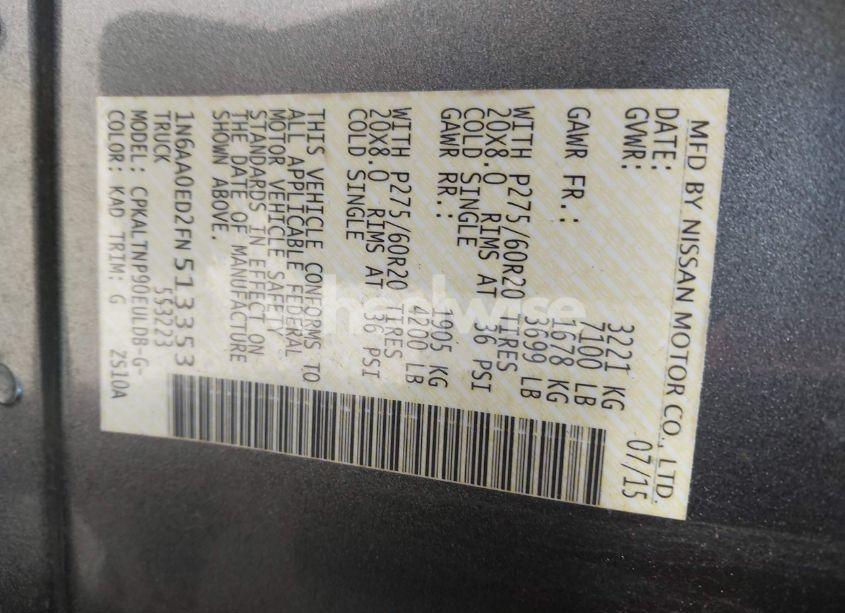 Photo 9 of 2015 Nissan Titan S/SL/SV (VIN 1N6AA0ED2FN513353)