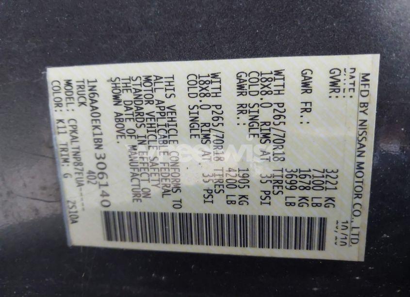 Photo 9 of 2011 Nissan Titan SV (VIN 1N6AA0EK1BN306140)