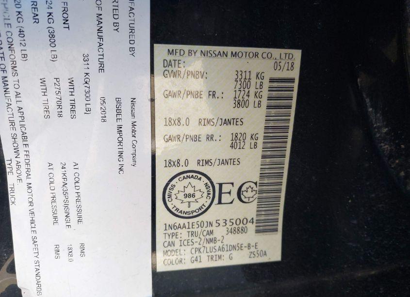Photo 9 of 2018 Nissan Titan PLATINUM RESERVE/PRO-4X/S/SL/SV (VIN 1N6AA1E50JN535004)