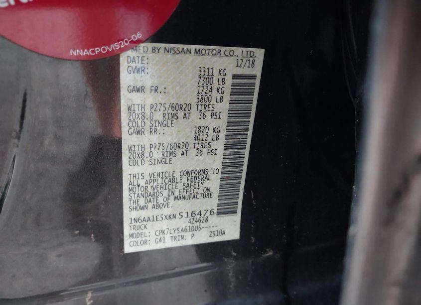 Photo 9 of 2019 Nissan Titan PLATINUM RESERVE (VIN 1N6AA1E5XKN516476)