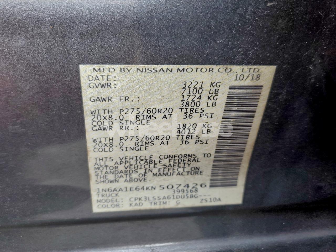 Photo 12 of 2019 NISSAN TITAN PLATINUM RESERVE (VIN 1N6AA1E64KN507426)