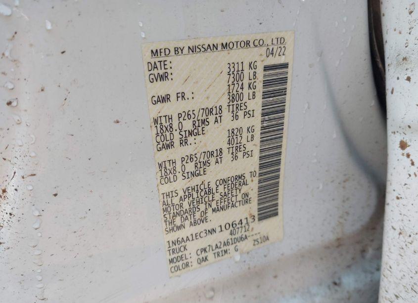 Photo 9 of 2022 Nissan Titan S 4X4 (VIN 1N6AA1EC3NN106413)