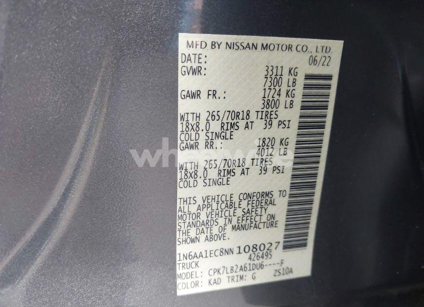 Photo 9 of 2022 Nissan Titan SV 4X4 (VIN 1N6AA1EC8NN108027)