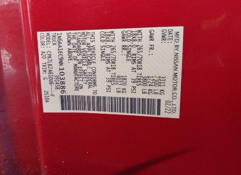 Photo 9 of 2022 Nissan Titan SV 4X4 (VIN 1N6AA1EC9NN103886)