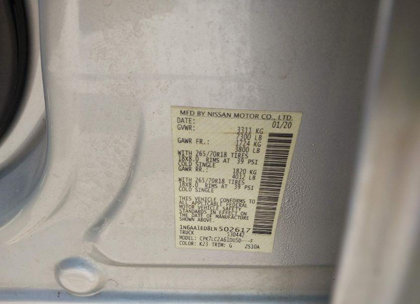 Photo 9 of 2020 Nissan Titan SV 4X4 (VIN 1N6AA1ED8LN502617)