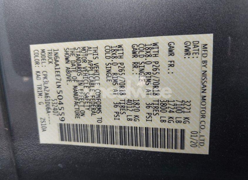 Photo 9 of 2020 Nissan Titan S 4X2 (VIN 1N6AA1EE7LN504559)