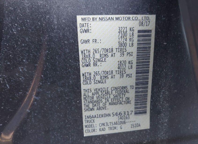 Photo 9 of 2017 Nissan Titan SV (VIN 1N6AA1EK0HN566317)