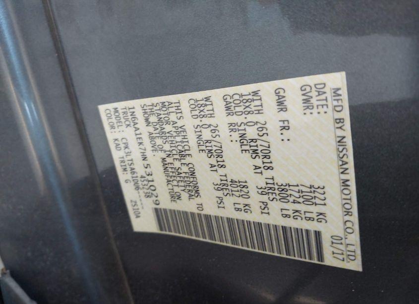 Photo 9 of 2017 Nissan Titan SV (VIN 1N6AA1EK7HN531029)