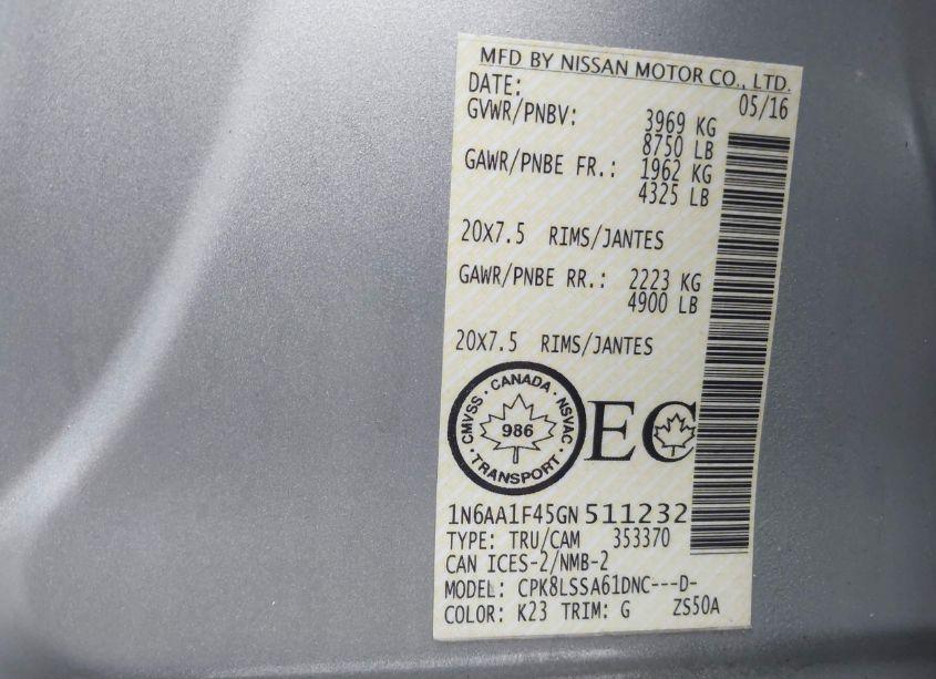 Photo 9 of 2016 Nissan Titan XD PLATINUM RESERVE GAS/PRO-4X GAS/S GAS/SL GAS/SV GAS (VIN 1N6AA1F45GN511232)