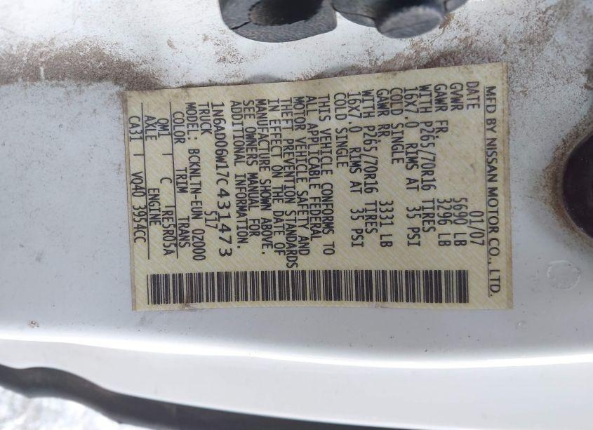 Photo 9 of 2007 Nissan Frontier SE (VIN 1N6AD06W17C431473)