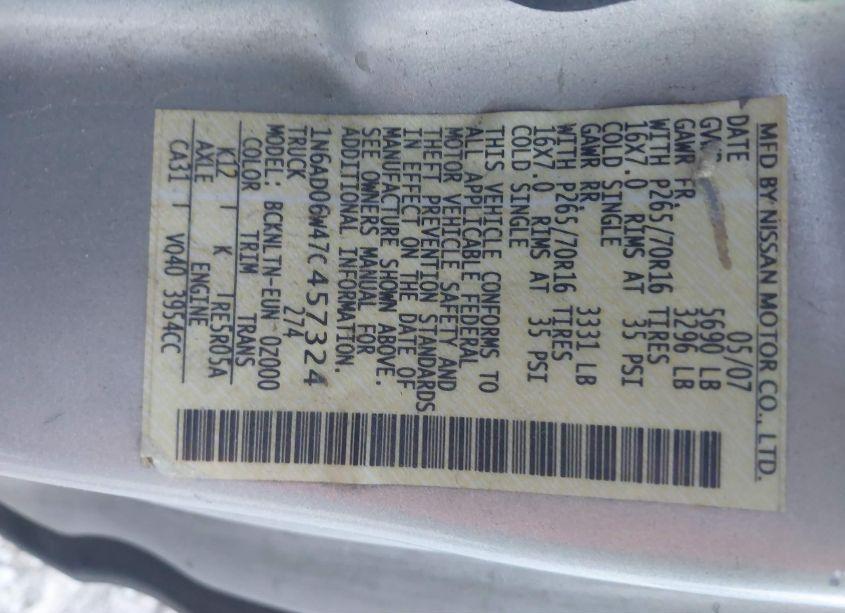 Photo 9 of 2007 Nissan Frontier SE (VIN 1N6AD06W47C457324)