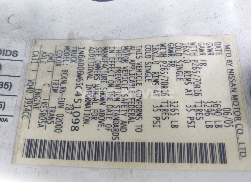 Photo 9 of 2005 Nissan Frontier SE (VIN 1N6AD06W65C451098)