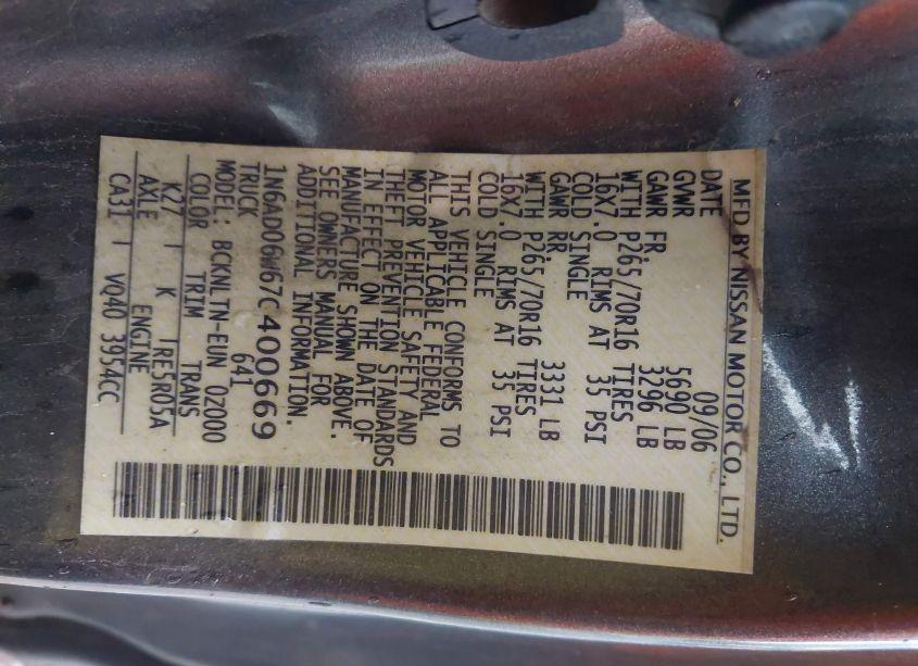 Photo 9 of 2007 Nissan Frontier SE (VIN 1N6AD06W67C400669)