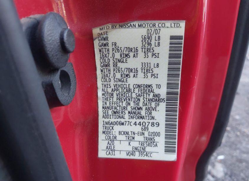 Photo 9 of 2007 Nissan Frontier SE (VIN 1N6AD06W77C440789)