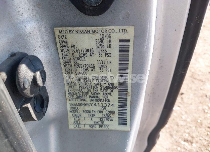 Photo 9 of 2007 Nissan Frontier SE (VIN 1N6AD06W97C411374)