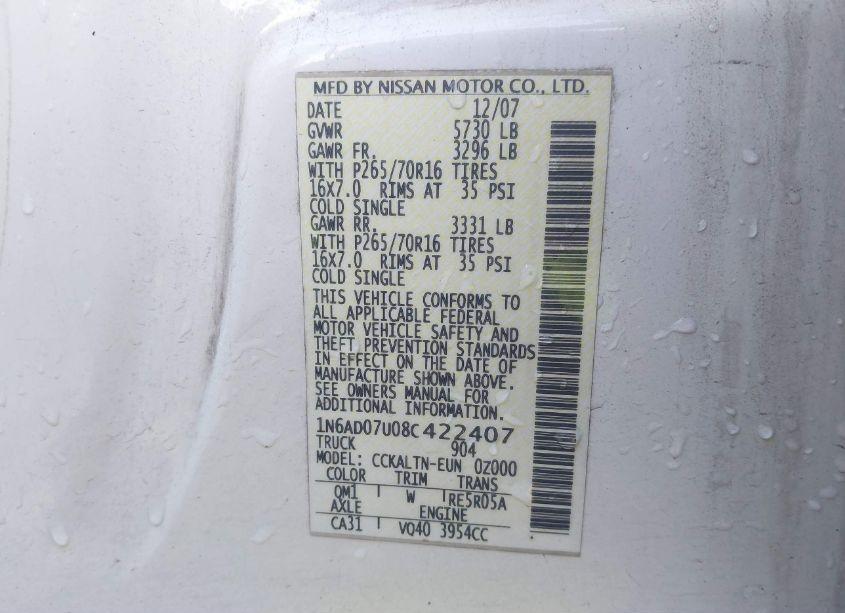 Photo 9 of 2008 Nissan Frontier SE (VIN 1N6AD07U08C422407)