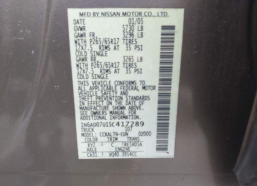 Photo 9 of 2005 Nissan Frontier LE (VIN 1N6AD07U15C417289)