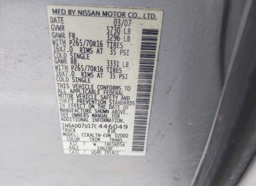 Photo 9 of 2007 Nissan Frontier SE (VIN 1N6AD07U17C446049)