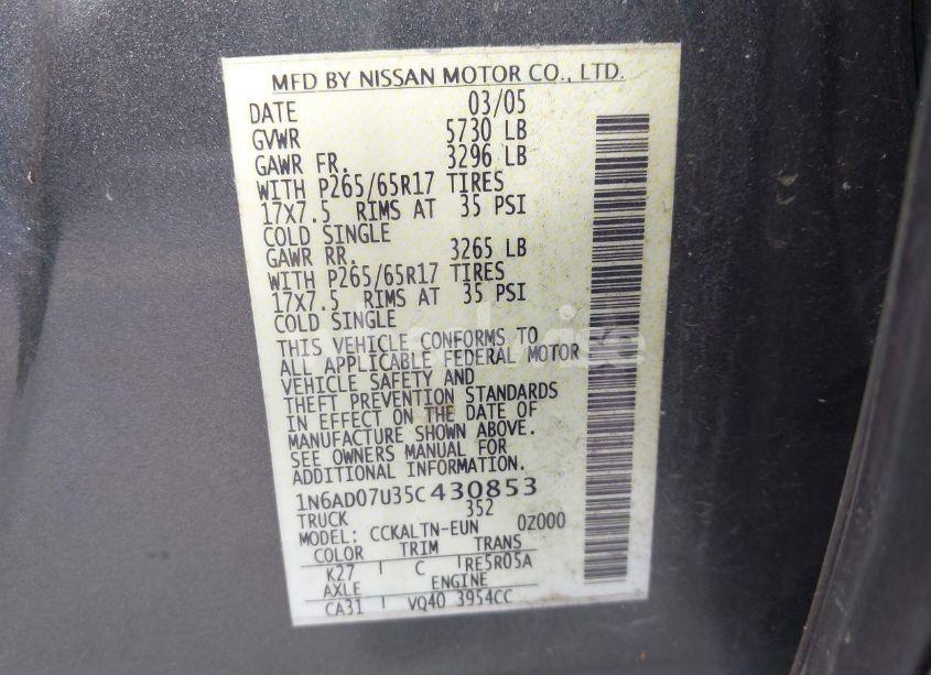 Photo 9 of 2005 Nissan Frontier LE (VIN 1N6AD07U35C430853)
